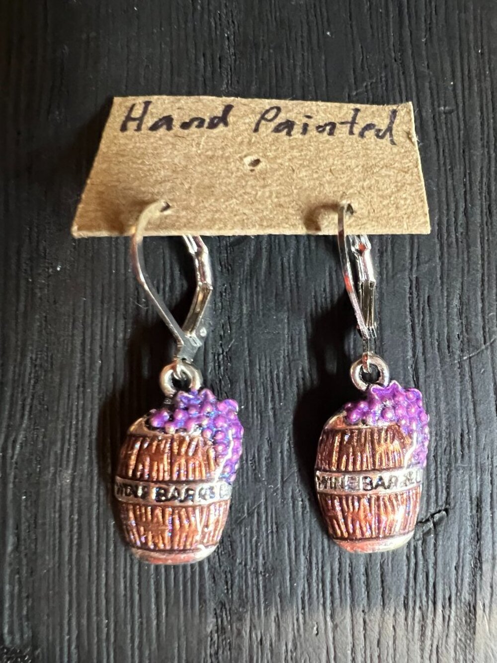 Wine Barrel Earrings, Hand Painted, Silvertone, Leverback, OOAK